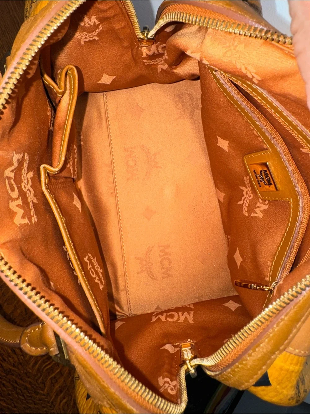 MCM Cognac Visetos Boston Bag w/Front Pocket and COA